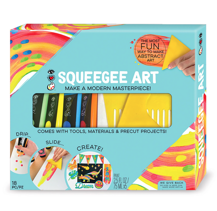 Squeegee Art kit box. The box is blue with examples of how to use the kit on it. There is also an opening that shows all the pieces that come insode. 