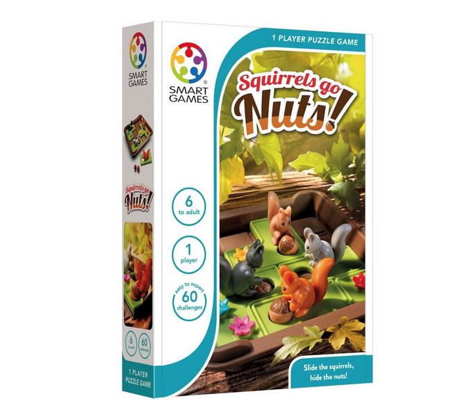 Squirrels go Nuts! 1 player puzzle game. Slife the squirrels, hide their nuts. Ages 6 to adult. 1 player. 60 challenges-easy to expert.