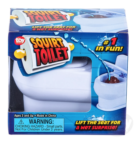 Prank toilet in the box. The miniature white toilet can be seen through the window in the box.  Pictures on the box show the poo inside the toilet and the squirting action. 