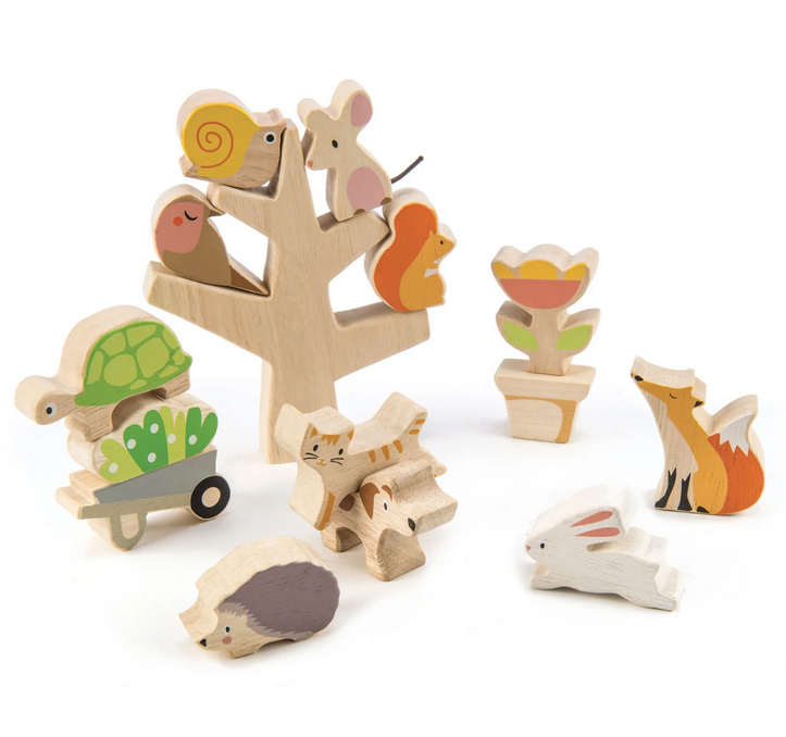 Wooden stacking garden set consists of a tree, a flower in a pot, a wheelbarrow full of plants, and various wooden animals.
