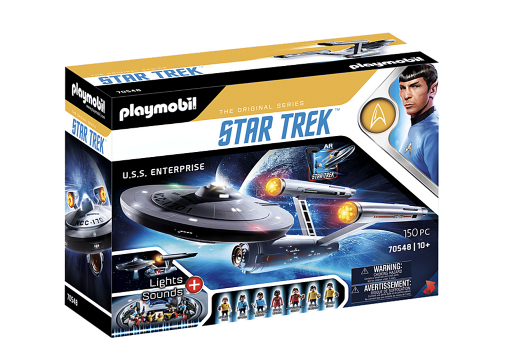 Box for playmobil Star Trek u.S.S. Enterprise 150 piece set. Lights and sounds. Ages 10 and up. Includes 7 crew figures.