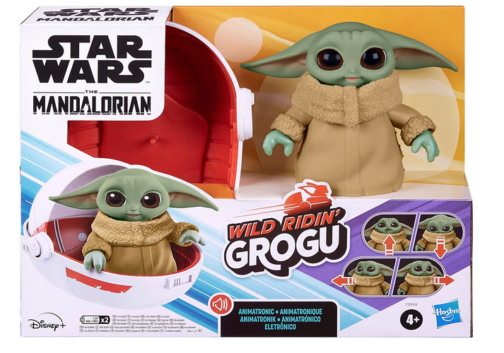 Wild Ridin' Grogu animatronic figure from Star Wars The Mandalorian. Grogu comes in his pod, makes sounds, and moves head up and down, side to side. Ages 4 and up.