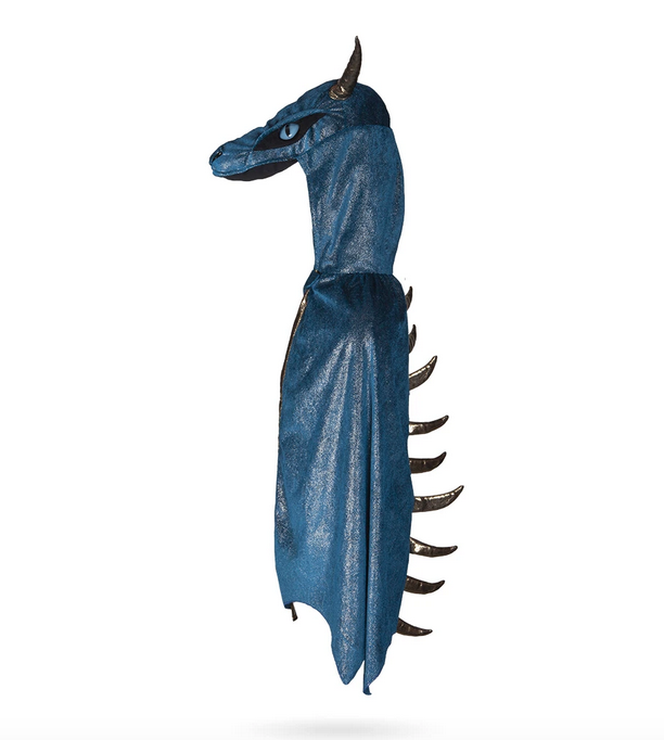 Blue scale like metallic cape with a soft plush dragon head on the hood.