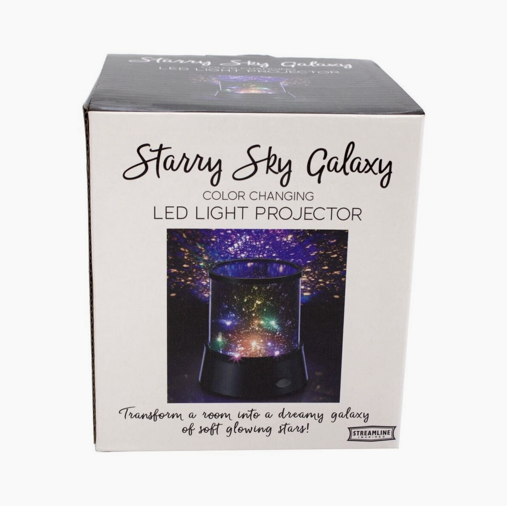 Starry Sky LED Light Projector box with a color picture of the colorful projection created by the projector. 