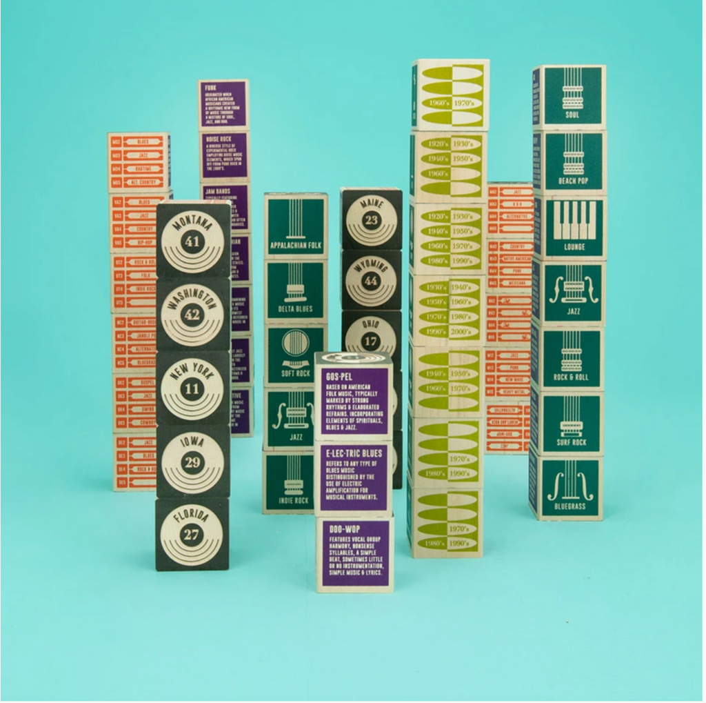 Heirloom wooden blocks. Sides feature states, music they are famous for, decades, and music types.
