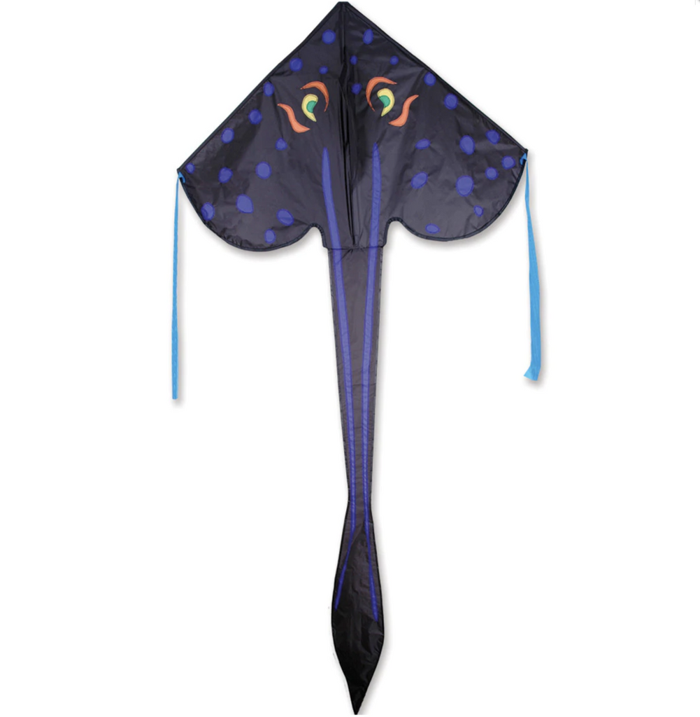 Large black with blue accents stringray easy flyer delta kite. Kite has a blue tail on both edges.