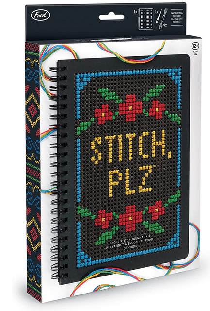Stitch, Plz. Each cross-stitch kit includes a 60-page dotted grid journal, 1 needle, 4 skeins of thread, and an instruction booklet with example patterns and designs.
