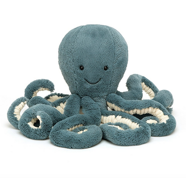 Storm Octopus large plush with eight greenish blue tentacles and balloon like head. 