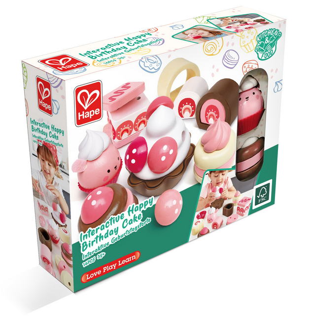 This wonderful set is perfect for encouraging little ones to imitate grown up behavior. It helps to encourage sharing and role play. Choose from the cute bunny cupcake, the square cake the dark or white chocolate Swiss roll, the dark or white chocolate cream cakes or the cake with actual strawberries on top! 