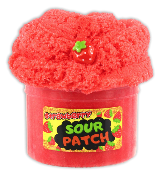 Container of Strawberry Sour patch sensory play slime. Not edible.
