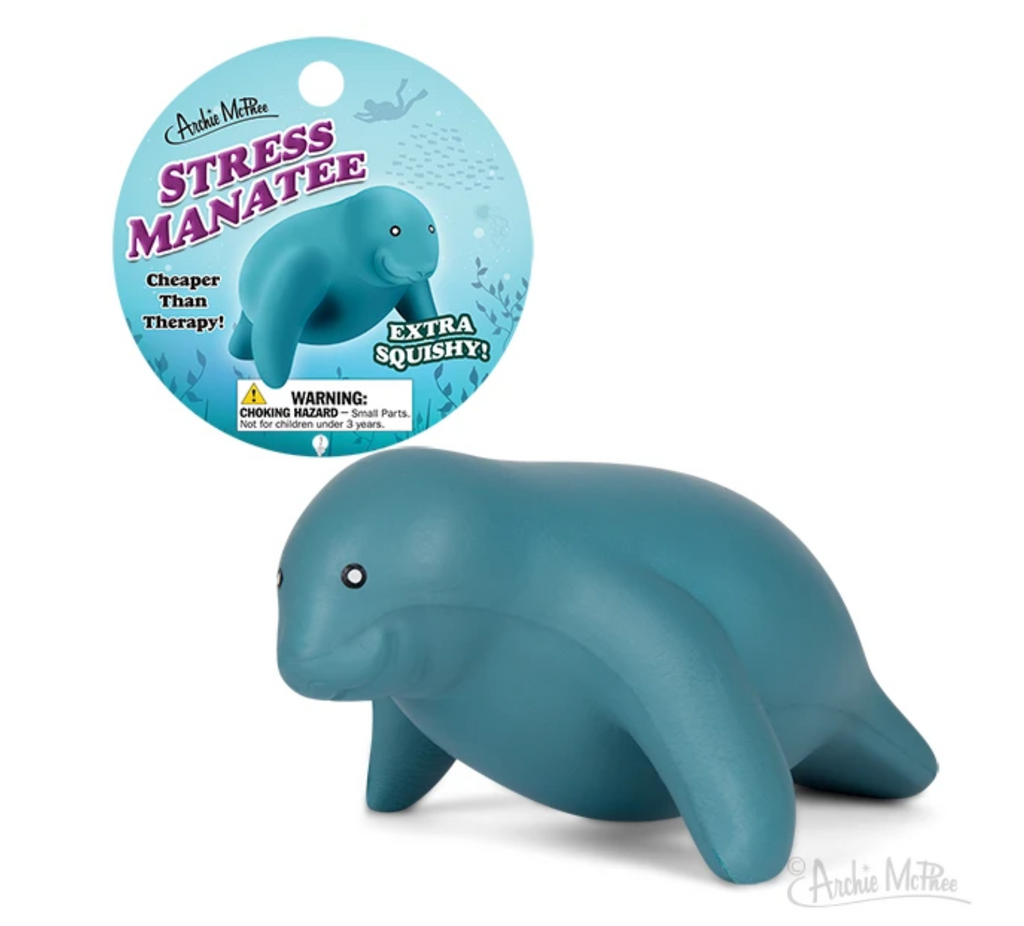 A blue squish Manatee stress ball. With a big squishy stomach and arms.