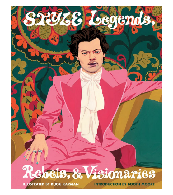 Colorful and detailed portrait of Harry Styles in a bright pink suit by Bijou Karman on the cover of Style, Legends, Rebels and Visonaries. 