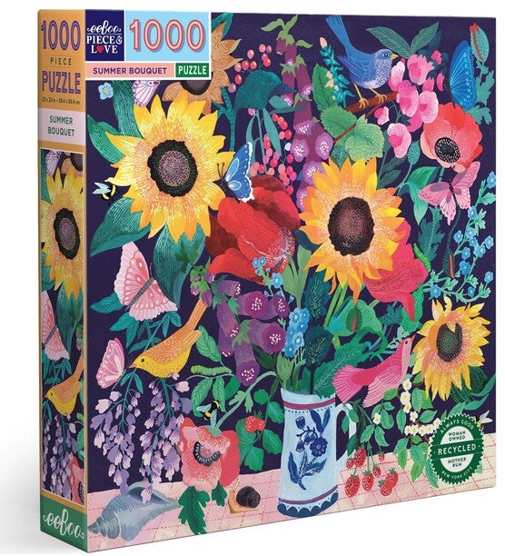 Summer Bouquet puzzle box. Sunflowers and poppies combine with butterflies and birds in this striking still life.
