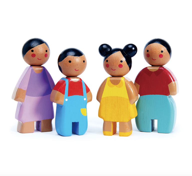 Sunny Doll family are wooden dolls consisting of 2 adults and 2 children. Round heads and oval bodies with arms at sides. Medium complexion.