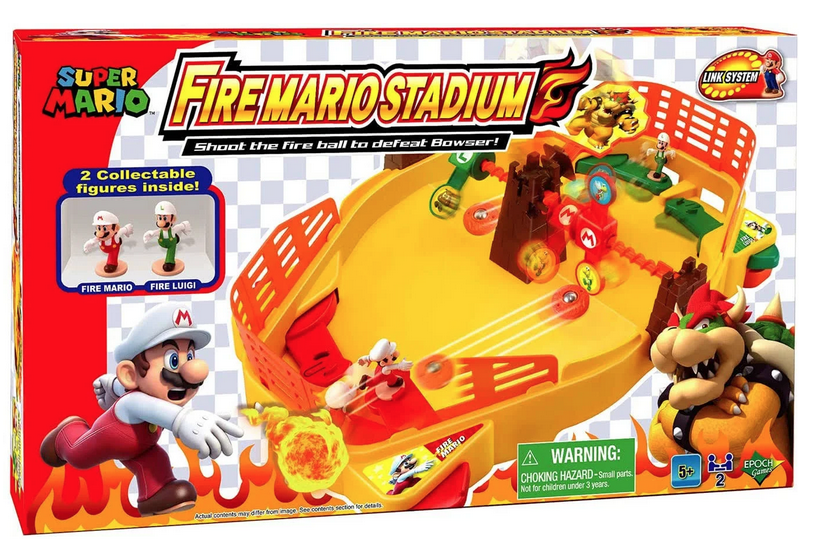 The Super Mario Fire Mario Stadium box. The front of the box shows the playset with animated Mario, Luigi, and Bowser on it. 