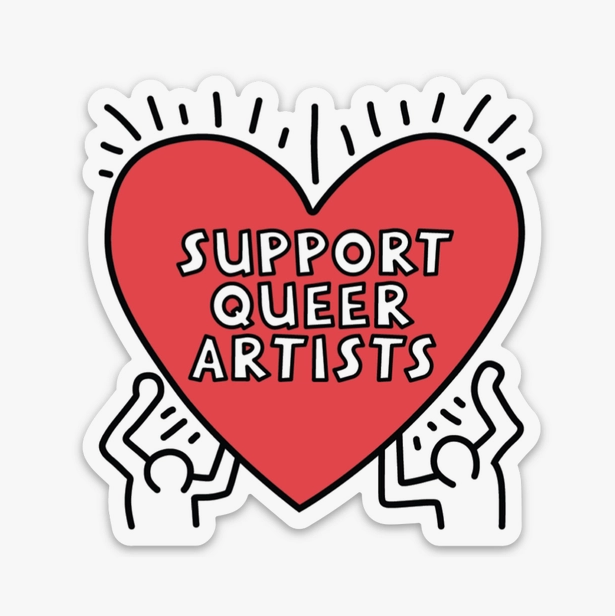 Red heart that reads "Support Queer Artists" with figures in black and white holding up the sticker.