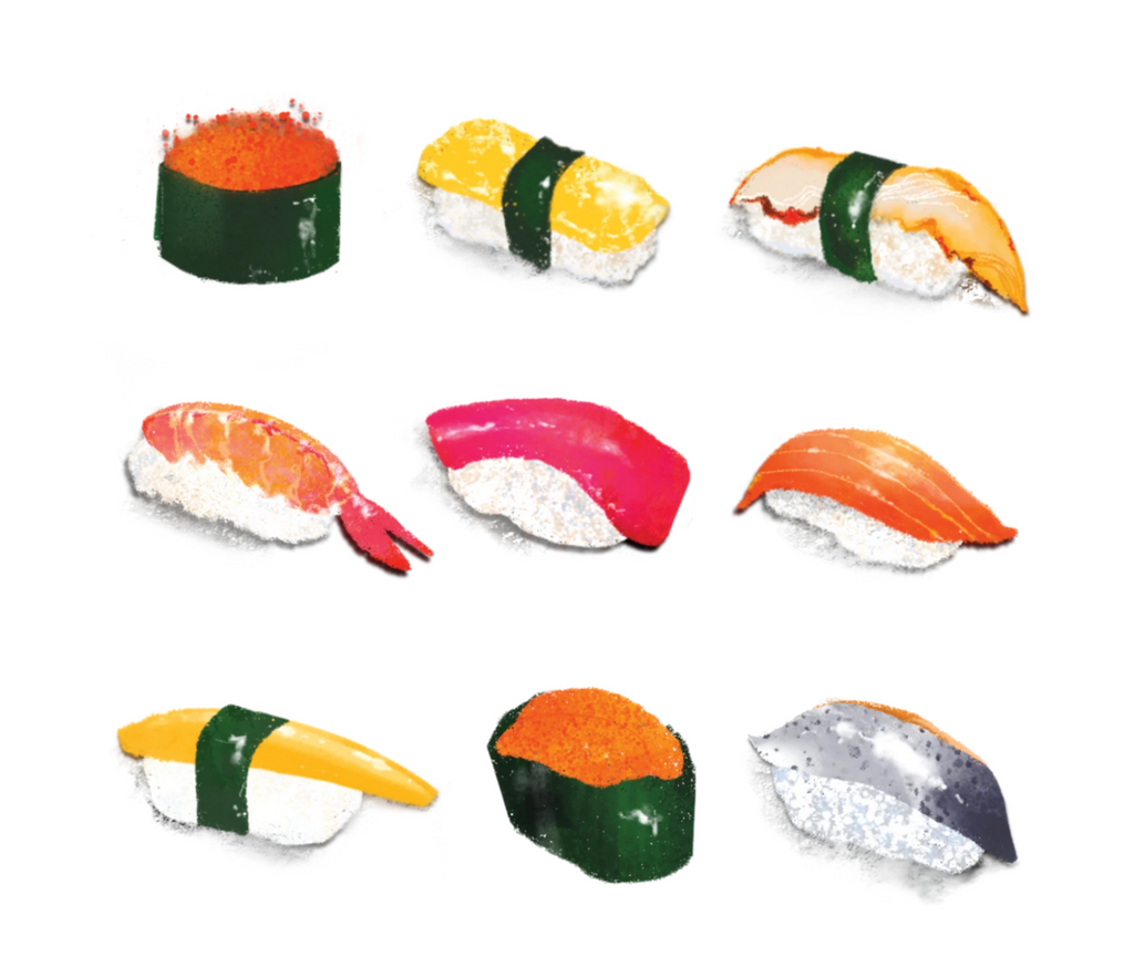 Tattoo of 9 styles of mini sushi.