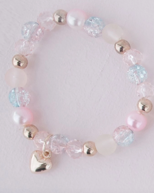 Clear pastel colored  and gold bead bracelet with a small gold heart charm.