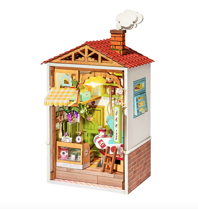 DIY miniature model jam shop for crafters and collectors of all ages. Follow the included detailed instructions or add your own creative touch! This miniature model room will keep you busy as you design and create the perfect little space. 
