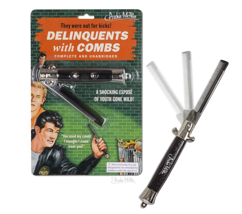 Switchblade Comb in it's package with illustrations of 50's juvenile delingquents on it. The Switchblade Combn is also out of it's package with the comb up.