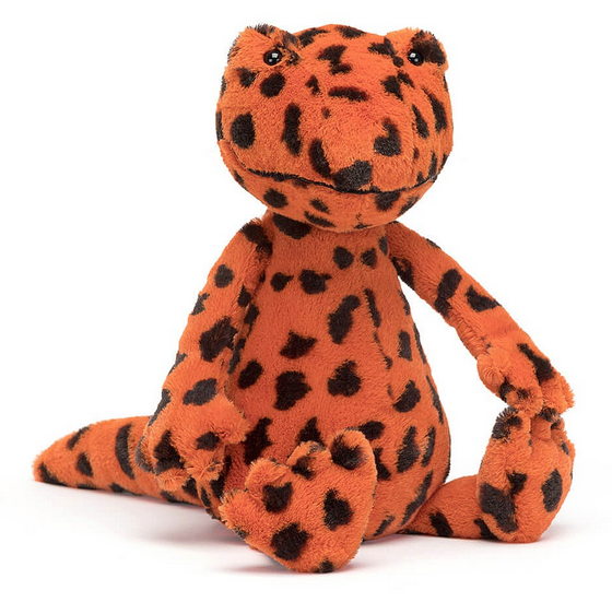 Orange and black spotted seated plush Syd Salamander by Jellycat.