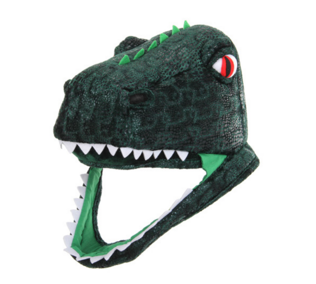 The Padded T-Rex Jawesome Costume Hat! It is adorned with felt spikes and teeth, giving it an authentic dinosaur look. The soft-sculpted eyes are red and angry. 