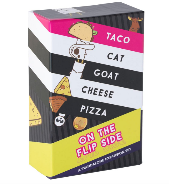 Taco Cat Goat Cheese Pizza On the Flip Side is a fast-paced card game with a twist: It’s an actual tongue-twister. It mixes a word relay with a matching game, then throws in visual cues and physical humor for absolute mayhem.