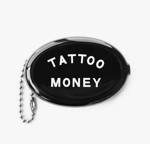 Black coin pouch with "Tattoo Money" printed in white. 