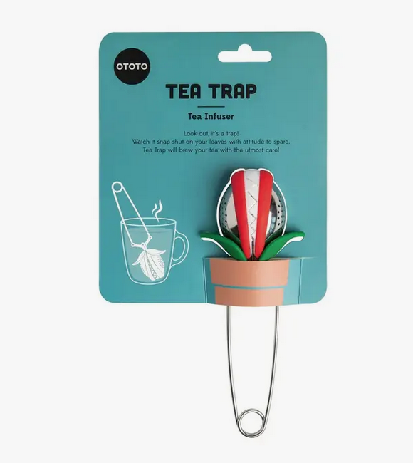 The tea trap infuser displayed on its card. 