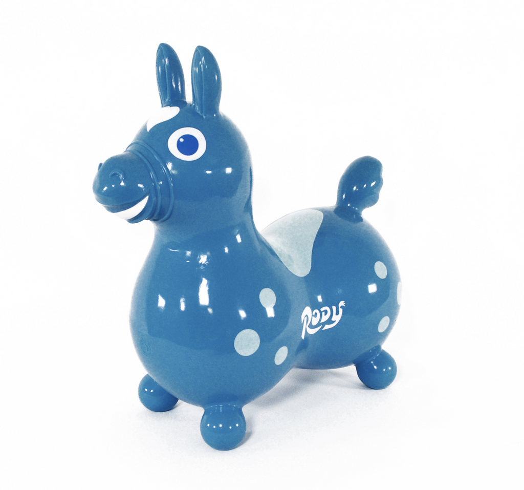 Teal blue Rody horse sit on inflatable.