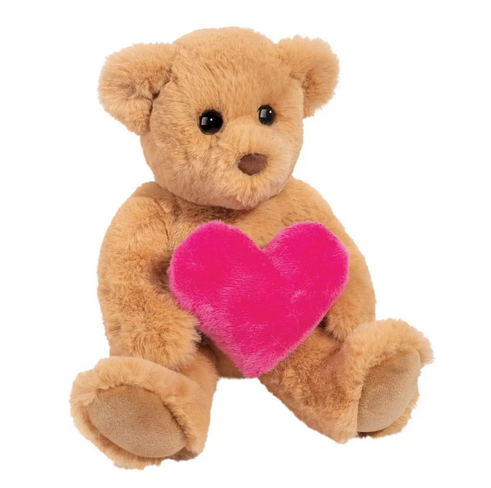 Front view of the honey colored Teddy Bear with Heart in a upright sitting position. He is holding a bright pink heart. 