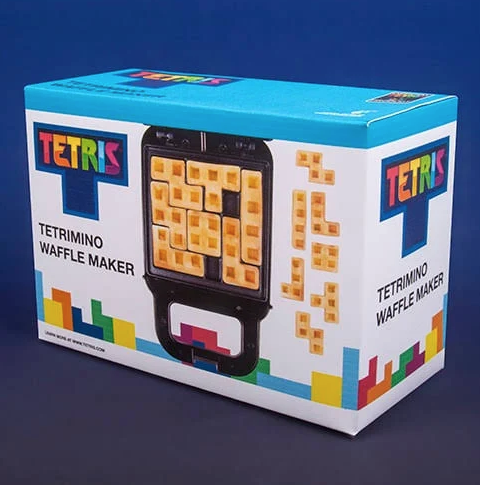 Tetris Tetrimino Waffle Maker box. Shows the tetrimino waffle pieces that can be made.