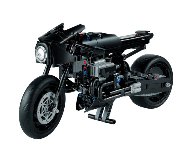 A side view of the LEGO Technic The Batman Batcycle. This buildable model is a LEGO® Technic™ scale-model replica of the BATCYCLE™ as seen in the 2022 movie.