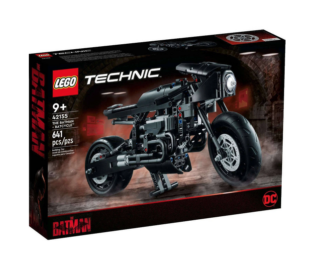 The box containing the LEGO Technic THE BATMAN - BATCYCLE™ toy. The black box with red highlights shows the assembled Batcycle from the side. 
