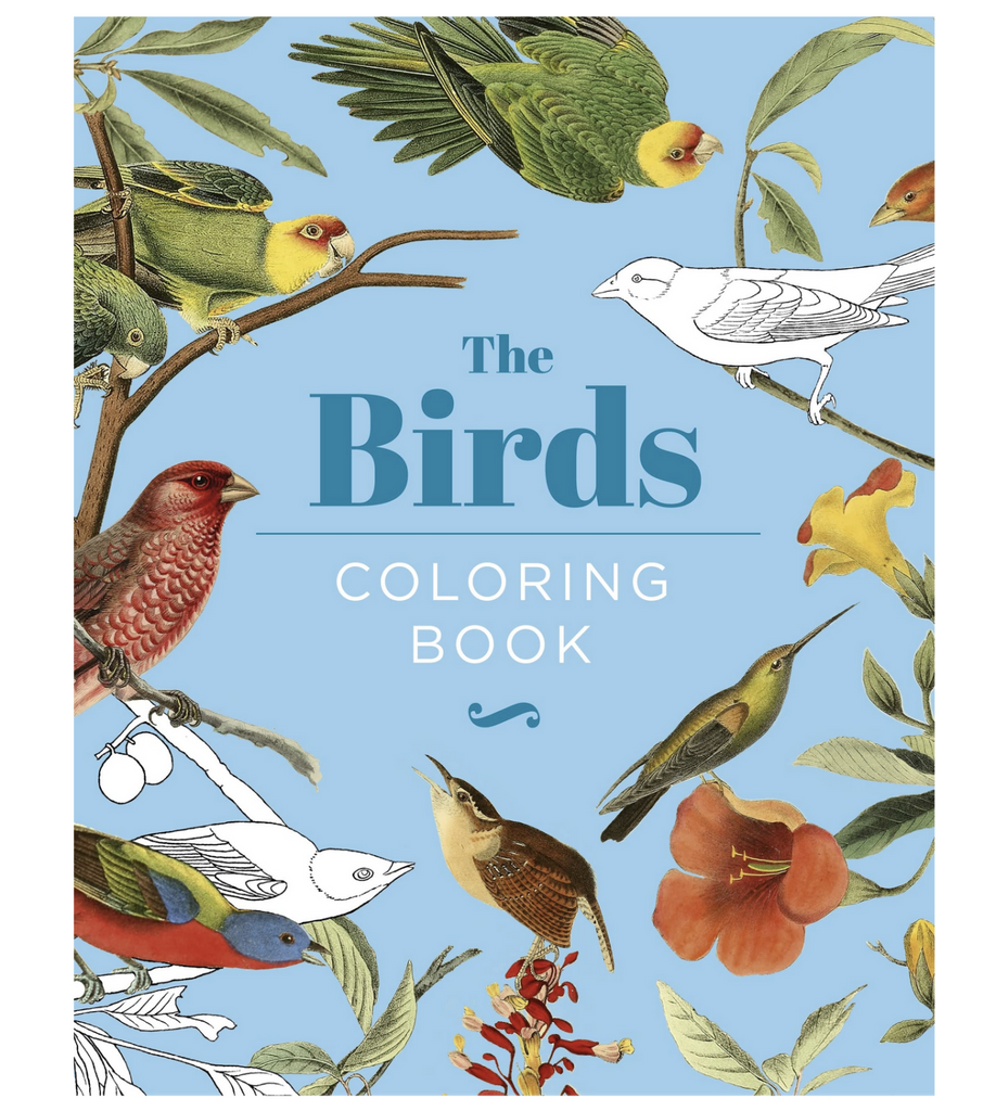 The Birds Coloring Book cover, with a blue background and examples of the beautiful birds to color inside. 