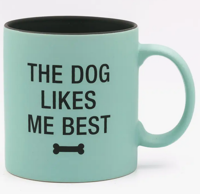 The dog likes me best mug. Black lettering on mint green mug. 