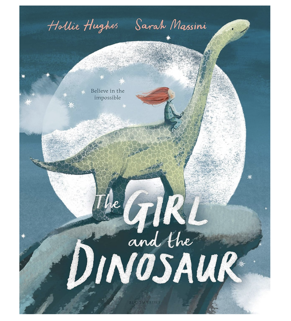 Illustrated cover of "The Girl and the Dinosaur" depicting a young redheaded girl riding a green dinosaur with a full moon in the background. 