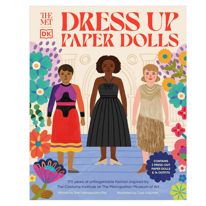 Cover of "The Met Dress Up Paper Dolls" activity book. With an illustration of three paper dolls wearing gowns and costumes inspired by The Costume Institute at The Metriopolitan Museum of Art. 