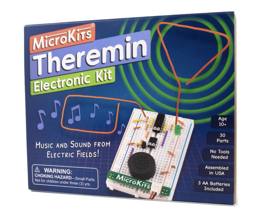 Make your own Theremin Electronic Kit. Make music and sounds from electric fields. Ages 10 & up. 30 parts- no tools needed. Made in the USA.