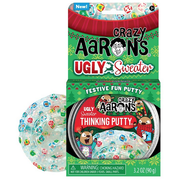 The Ugly Sweater Thinking Putty tin in a box that can be hung. This clear putty is filled with shimmery glitter pieces and a rainbow of colorful holiday sweaters!