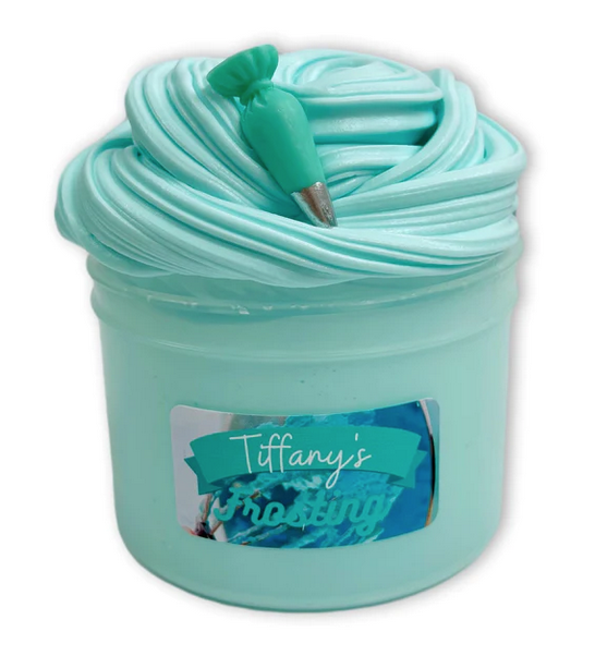 Container of light blue Tiffany's Frosting sensory play slime. Not edible.