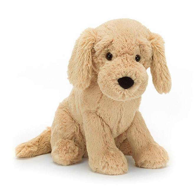 Little Tilly plush Golden Retiever puppy. She's sitting up with her beautiful golden fur and sweet face. 
