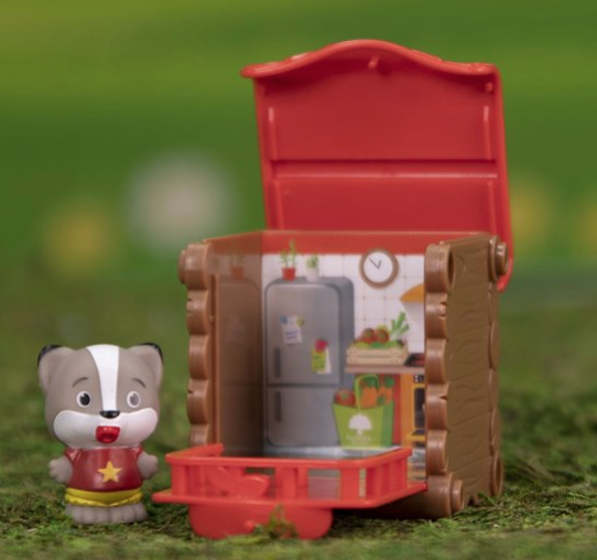 Timber Tots mini red kitchen playset folds into a square and includes a small skunk figure.