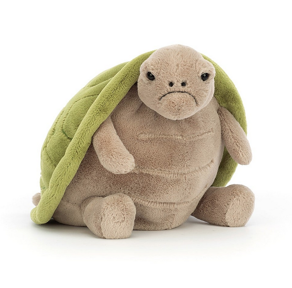 Timmy Turtle Plush. This soft, sturdy guy has a green textured shell, embroidered fudge fur and squeezable feet. 