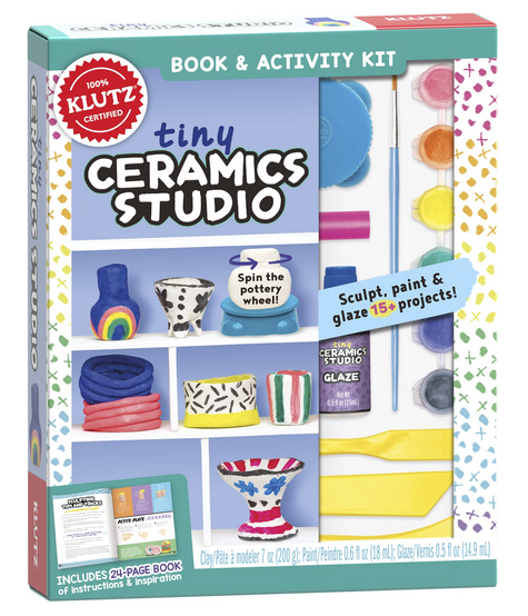 Klutz Tiny Ceramics studio book and activity kit. Sculpt, piant, and glaze 15 projects. lInckudees 24 page book of instructions and inspiration. 