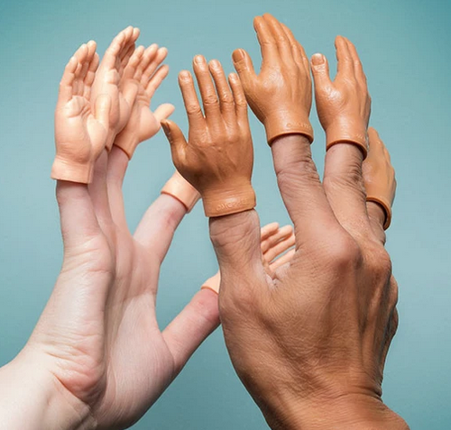 Finger puppets that look like real hands that fit on the end of your fingers. In light and brown skin tones.