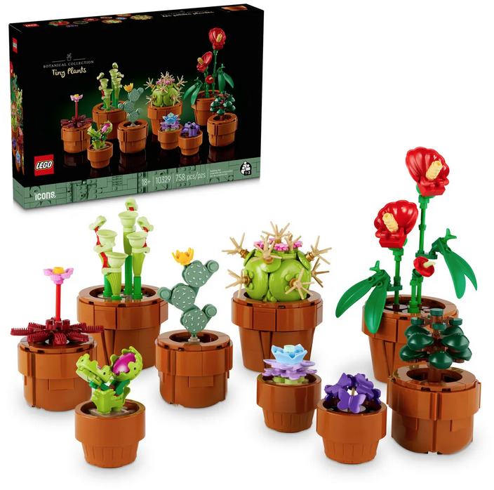 The Tiny Plants LEGO Icons set completed with the box in the background. 