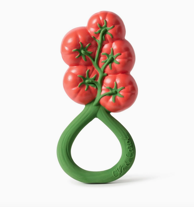 Rattle toy that looks like a cluster of cherry tomatoes with a green vine handle. 
