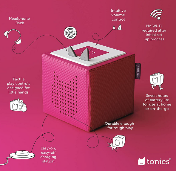 Pink Toniebox with a description of all the features. 