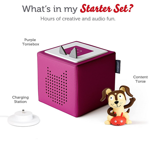 Purple Toniebox with included Playtime Puppy character and charging station. 